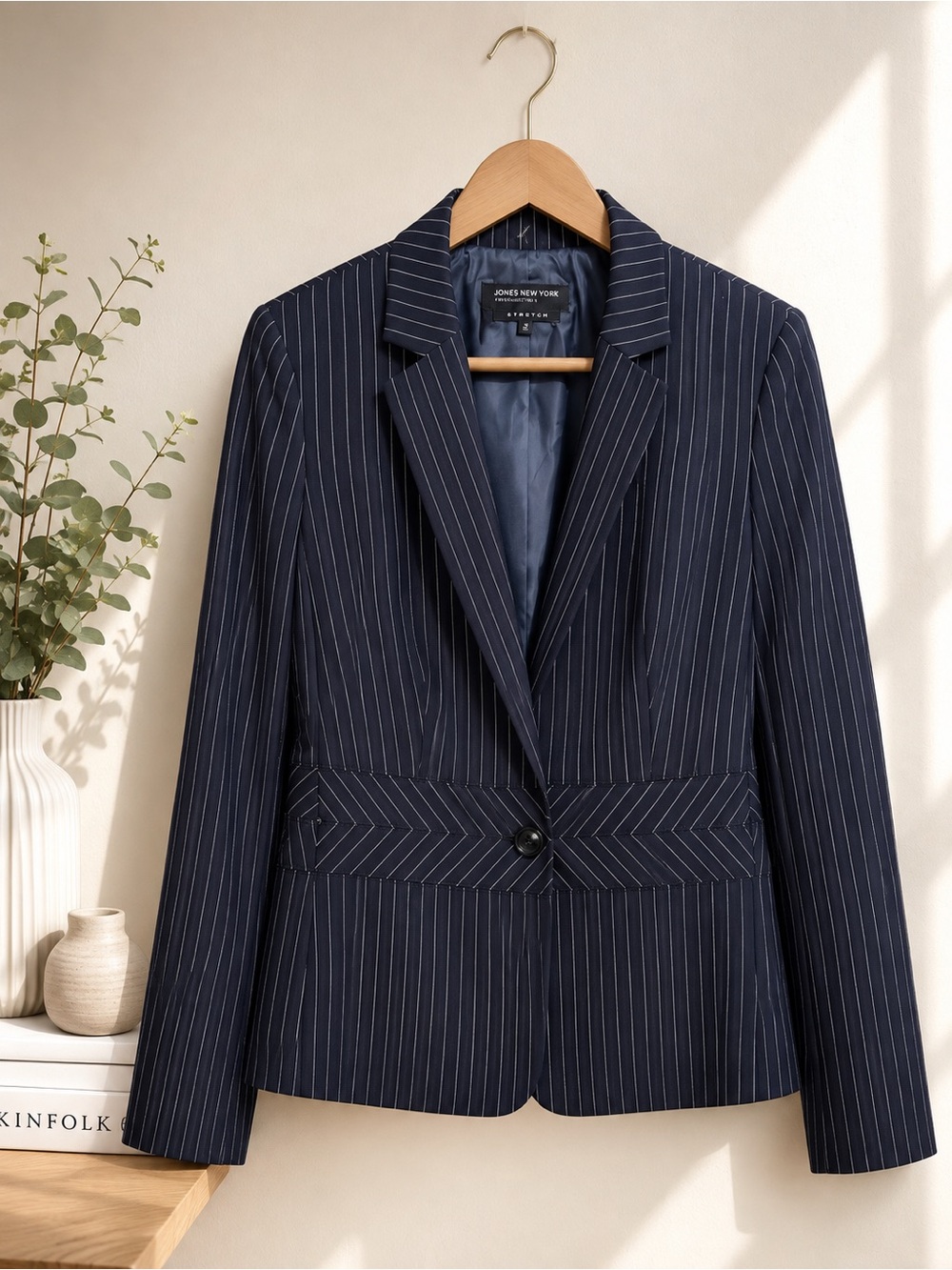 Jones New York Navy Pinstripe Tailored One-Button Blazer